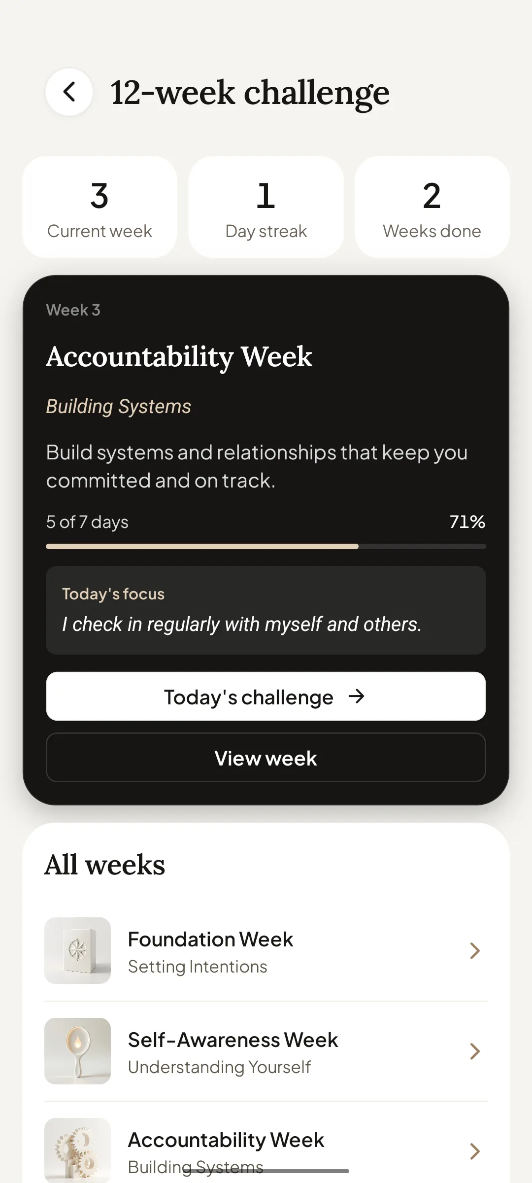 12-week challenge overview with current week, streak and progress