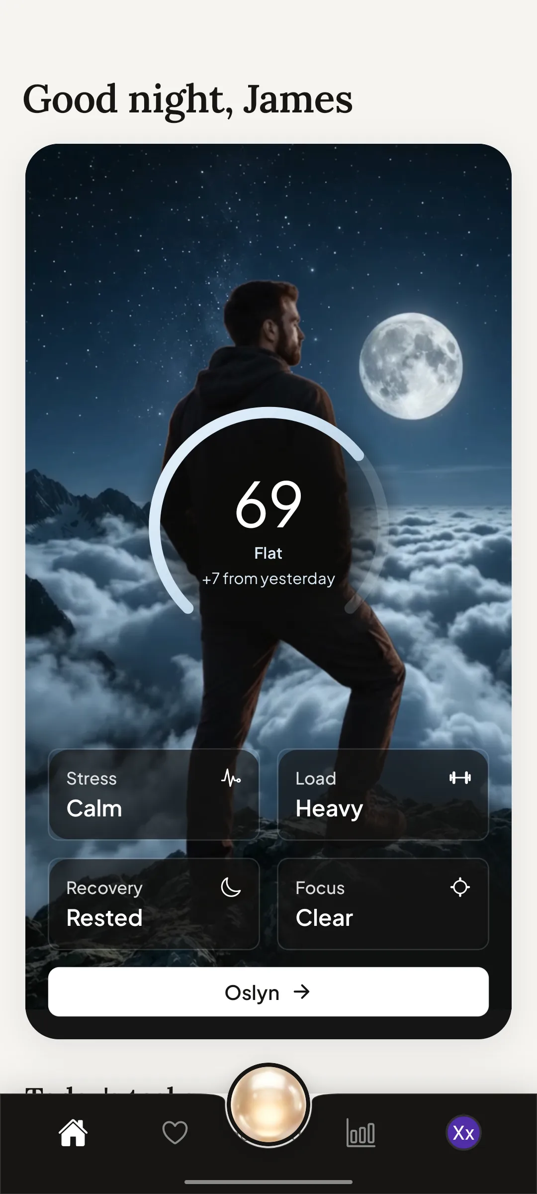 Brologue home screen showing a daily score of 69 with stress, load, recovery and focus readings