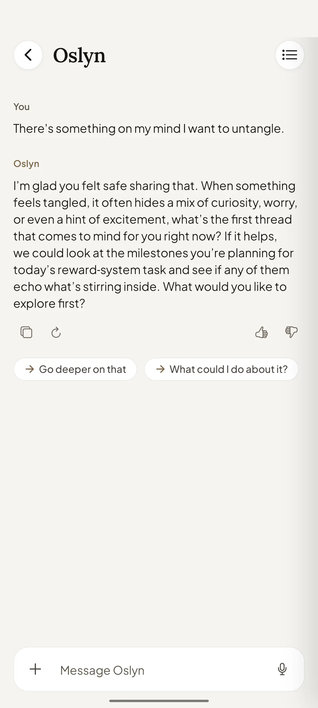 Chat with Oslyn, Brologue's AI coach, with suggested follow-up replies