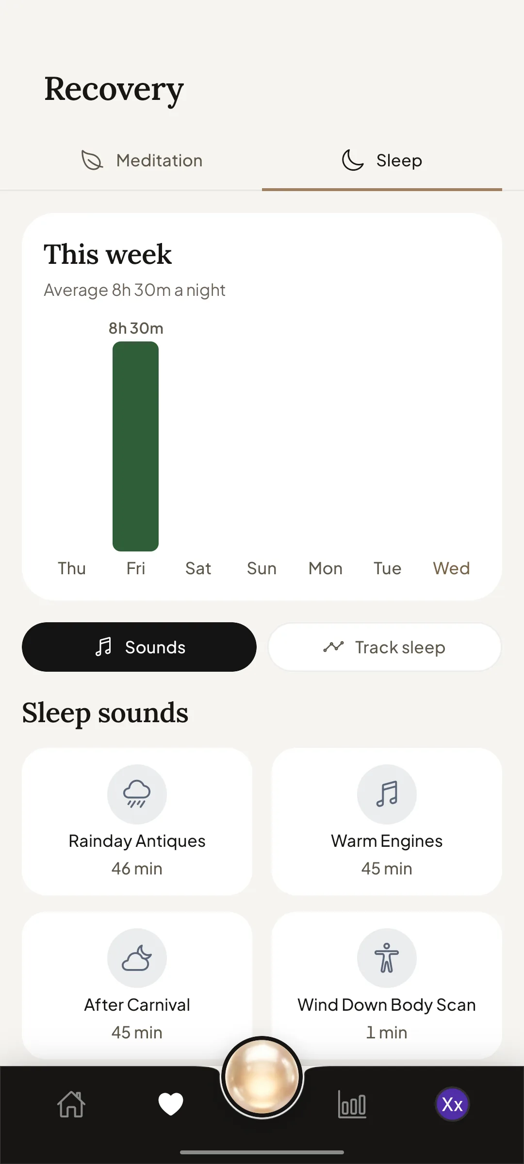 Recovery screen with a weekly sleep chart and sleep sounds